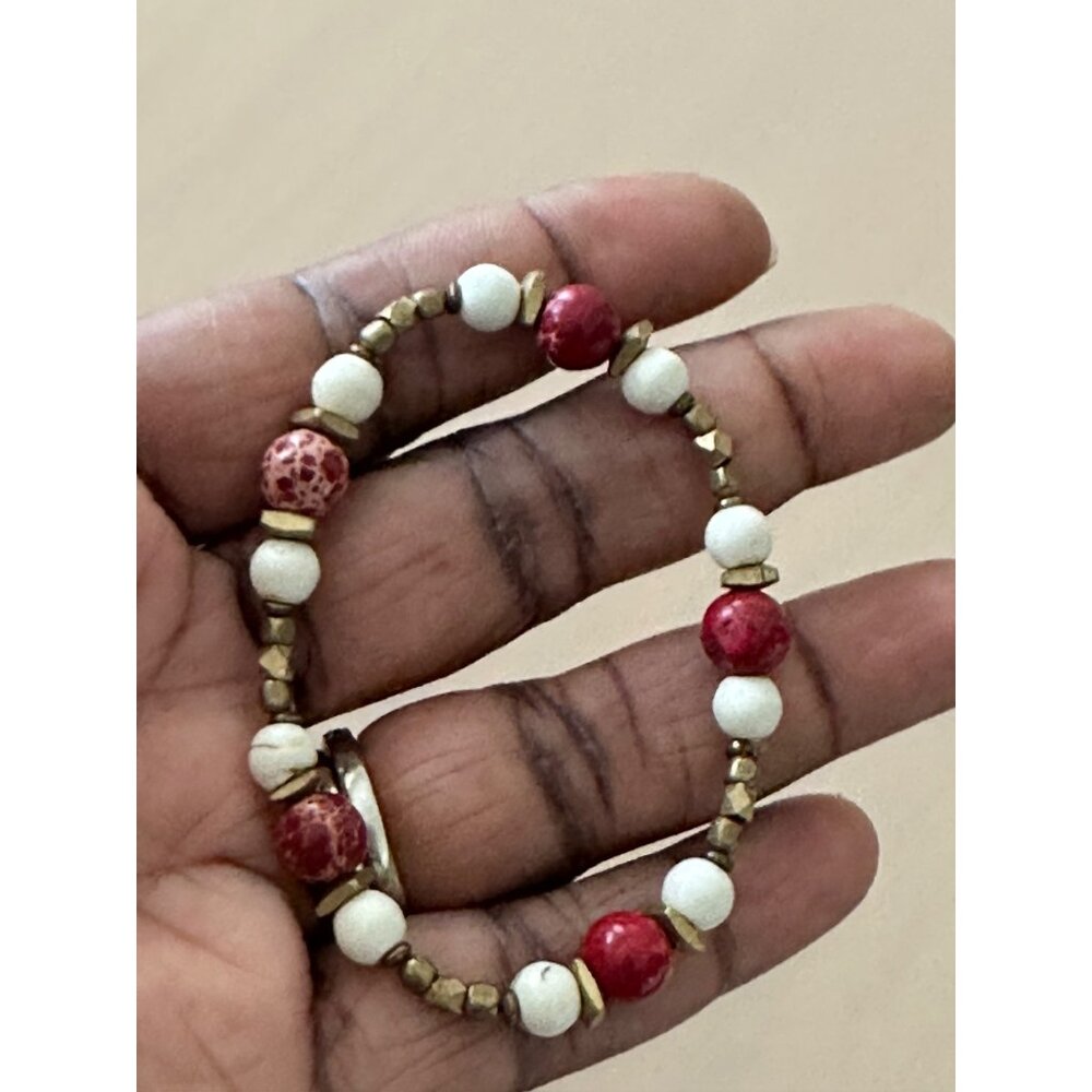 Fashion Retro Bracelet Red & Brass Boho, Beaded stretchy Bangle Stackable